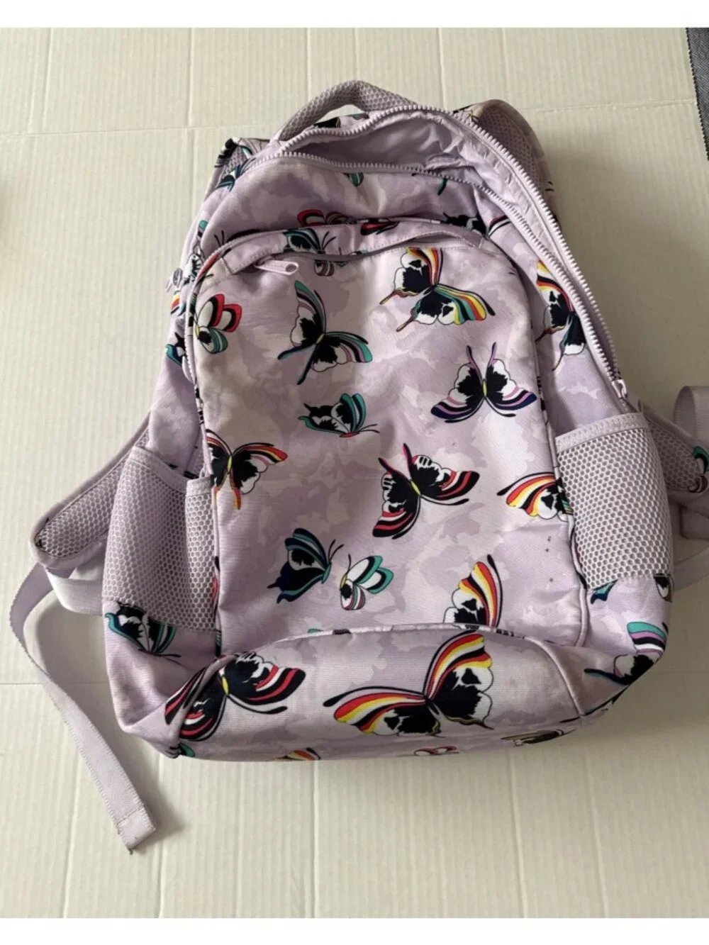 Vera Bradley ReActive Grand Backpack Lavender Butterfly with Lunchbag Small Flaw